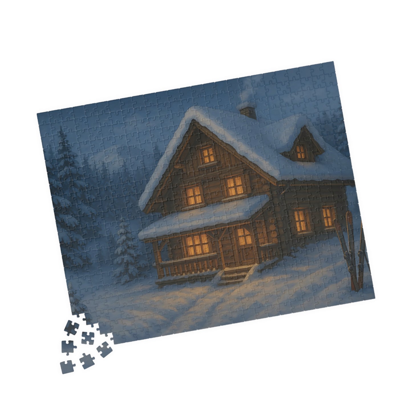 Cozy Winter Cabin Jigsaw Puzzle – Snowy Chalet at Night