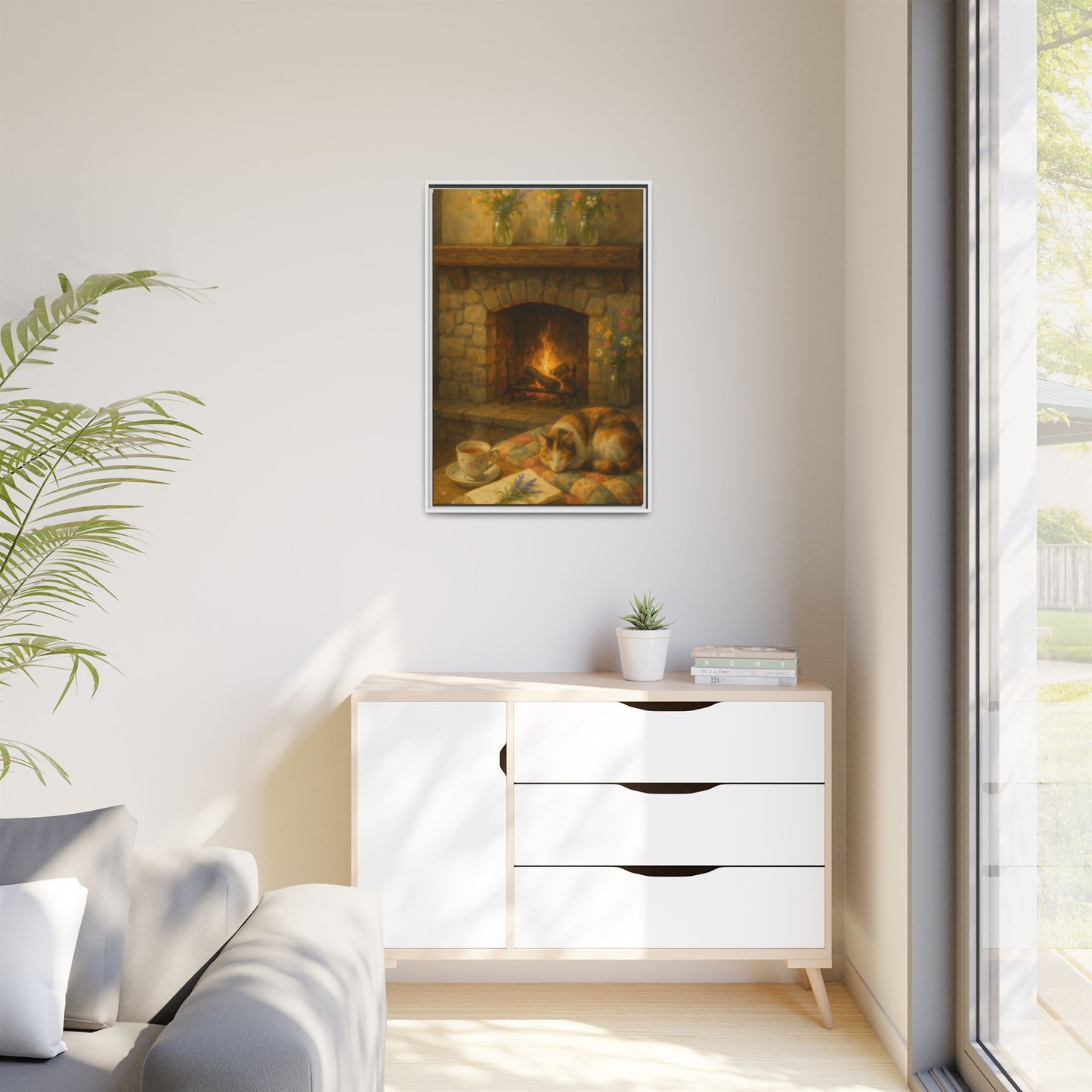 Hearthside Comfort – Framed Matte Canvas with Cat, Fireplace & Tea