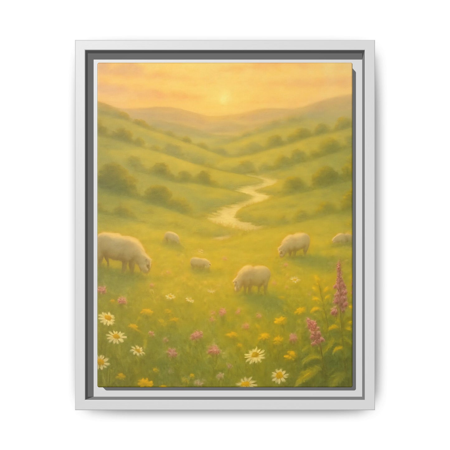 Golden Meadow Sunrise – Framed Matte Canvas Pastoral Landscape Art