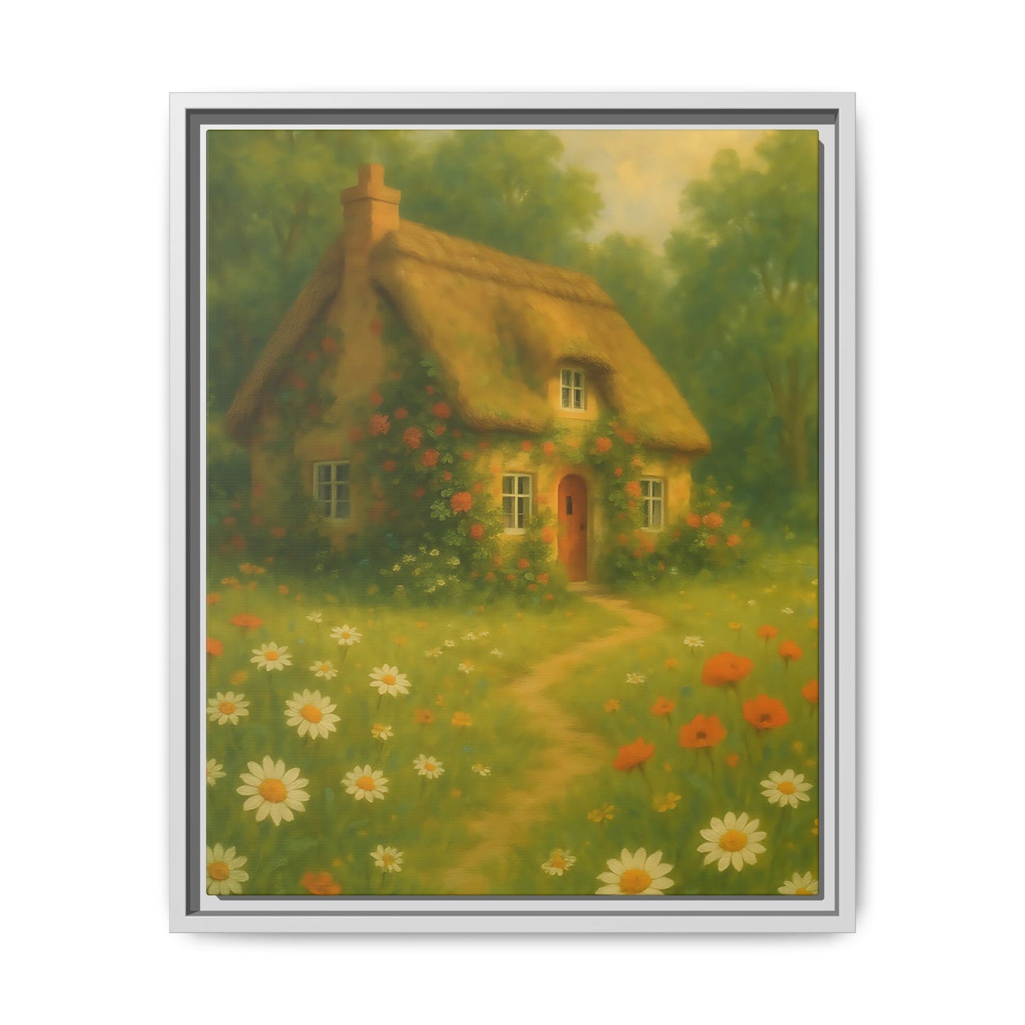 Cottage in Bloom – Framed Matte Canvas Art of Thatched Cottage & Wildflowers