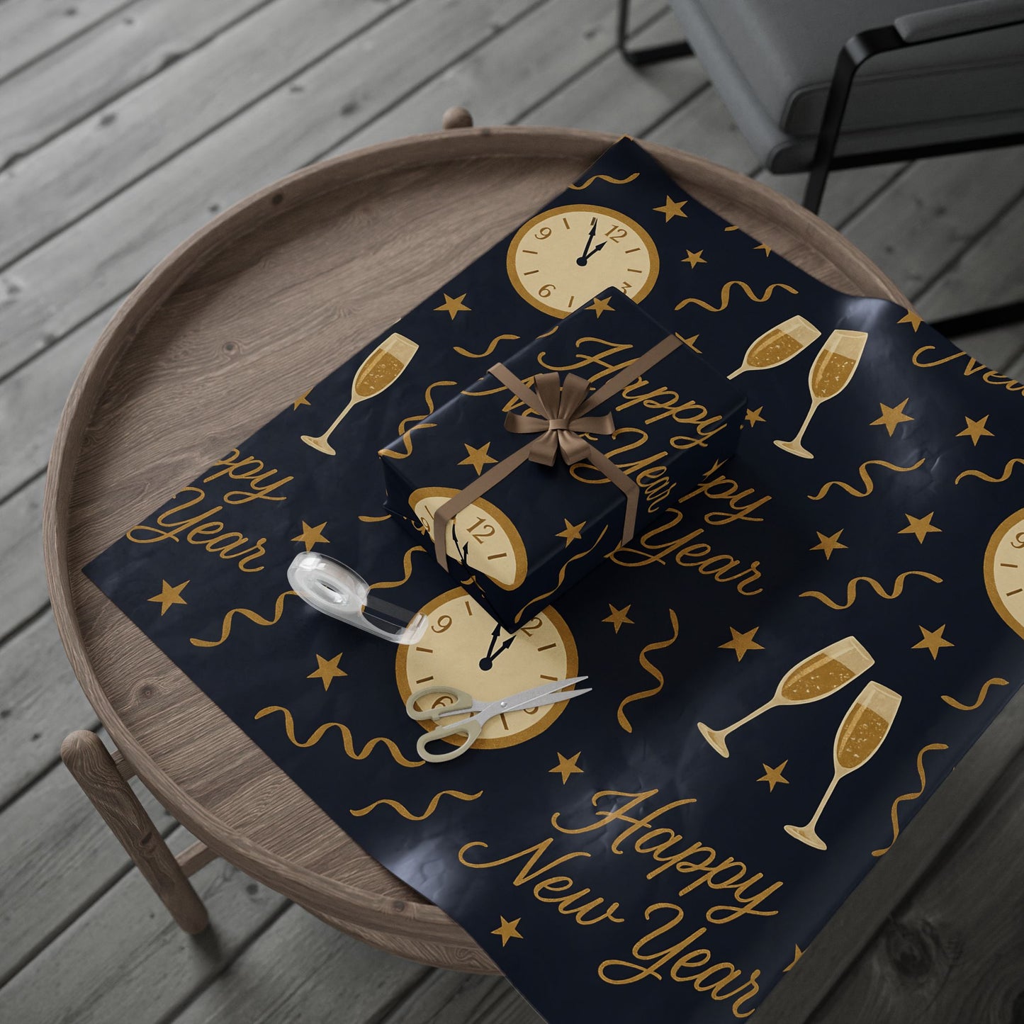 Midnight Celebration New Year Wrapping Paper – Clocks, Champagne & Confetti on Navy