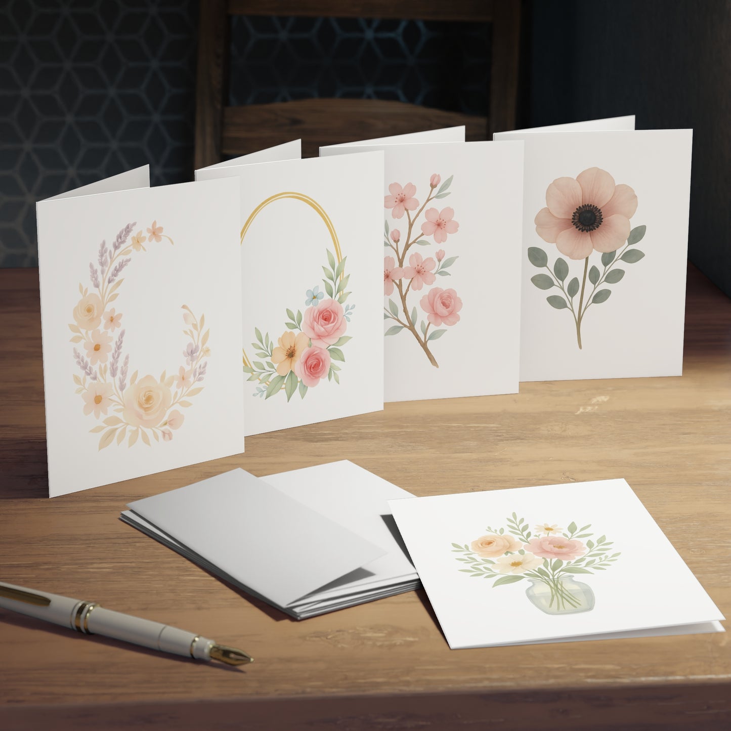 Blush Floral Greeting Card Set – 5 Blank Note Cards with Envelopes, Watercolor Flower Designs