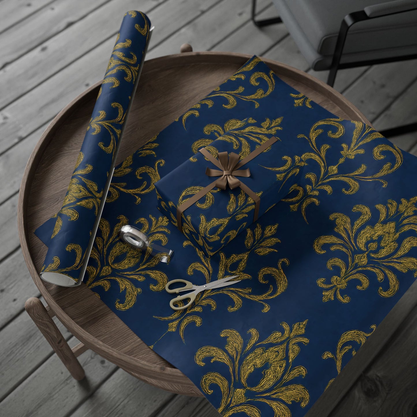 Royal Blue & Gold Damask Wrapping Paper – Elegant Luxury Gift Wrap in Glossy or Matte Finish