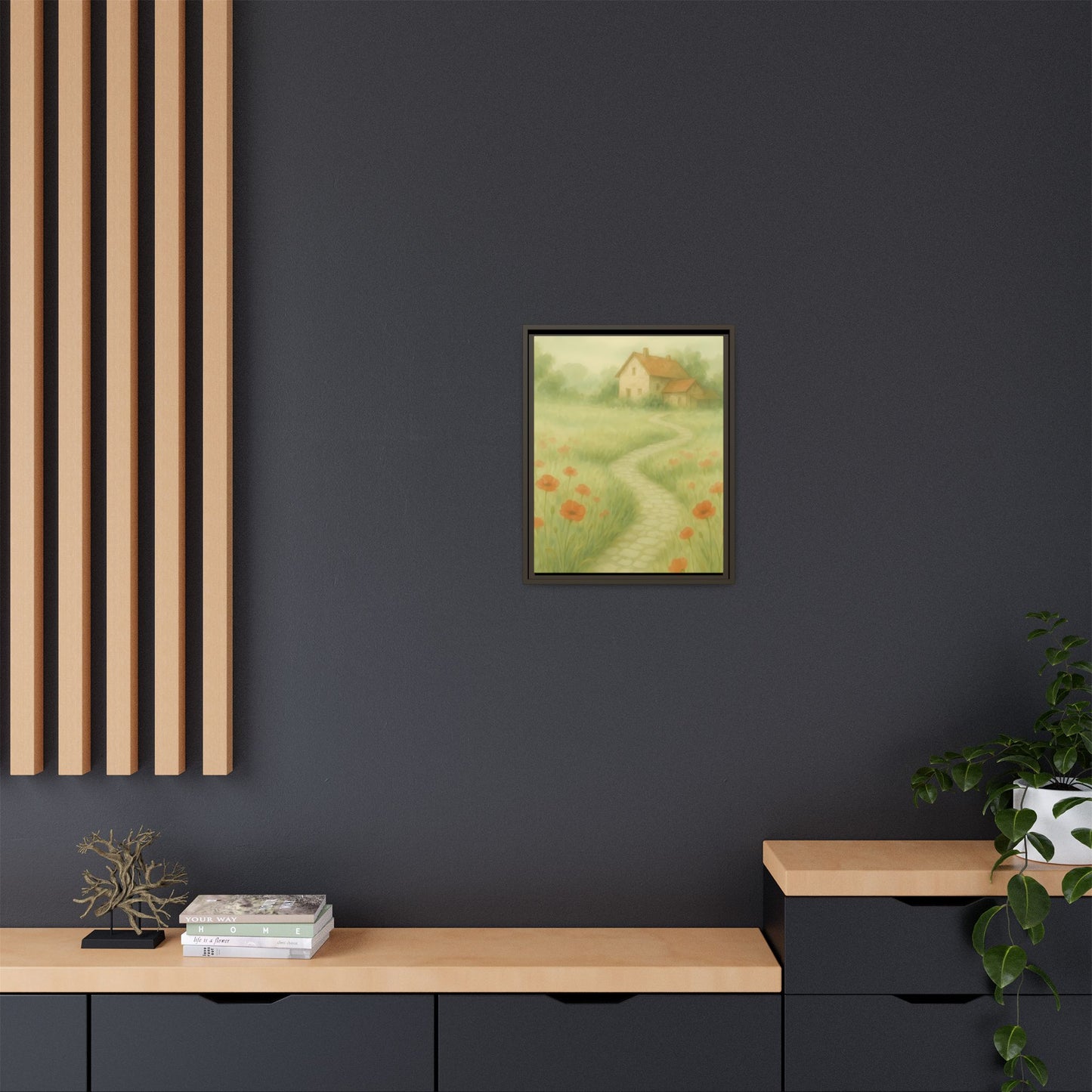 Poppy Path to Home – Framed Matte Canvas of Cottage & Flower Field Landscape