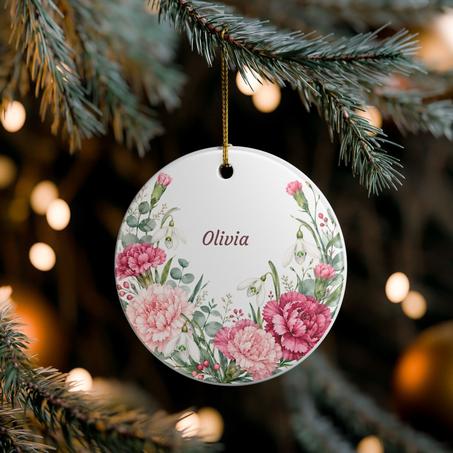 Personalized Floral Ornament - Custom Name Ceramic Holiday Decoration