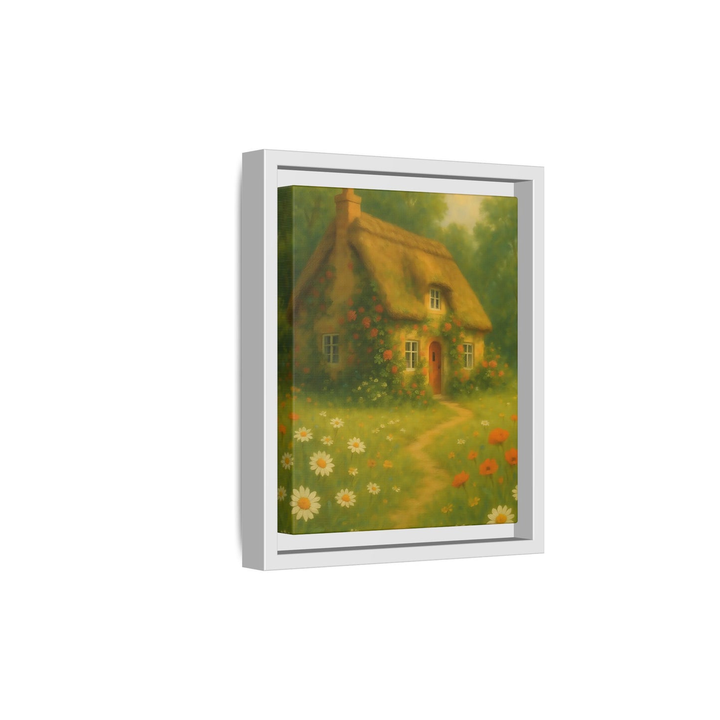 Cottage in Bloom – Framed Matte Canvas Art of Thatched Cottage & Wildflowers