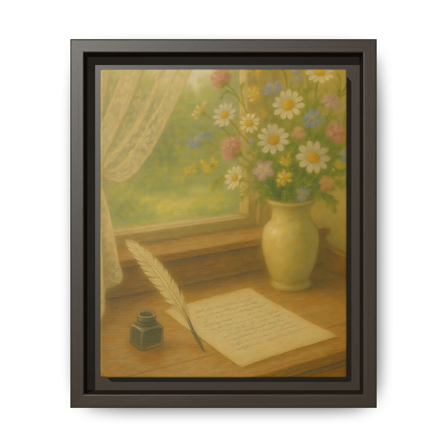 Sunlit Writing Desk – Framed Matte Canvas Art of Quill, Flowers & Lace Window