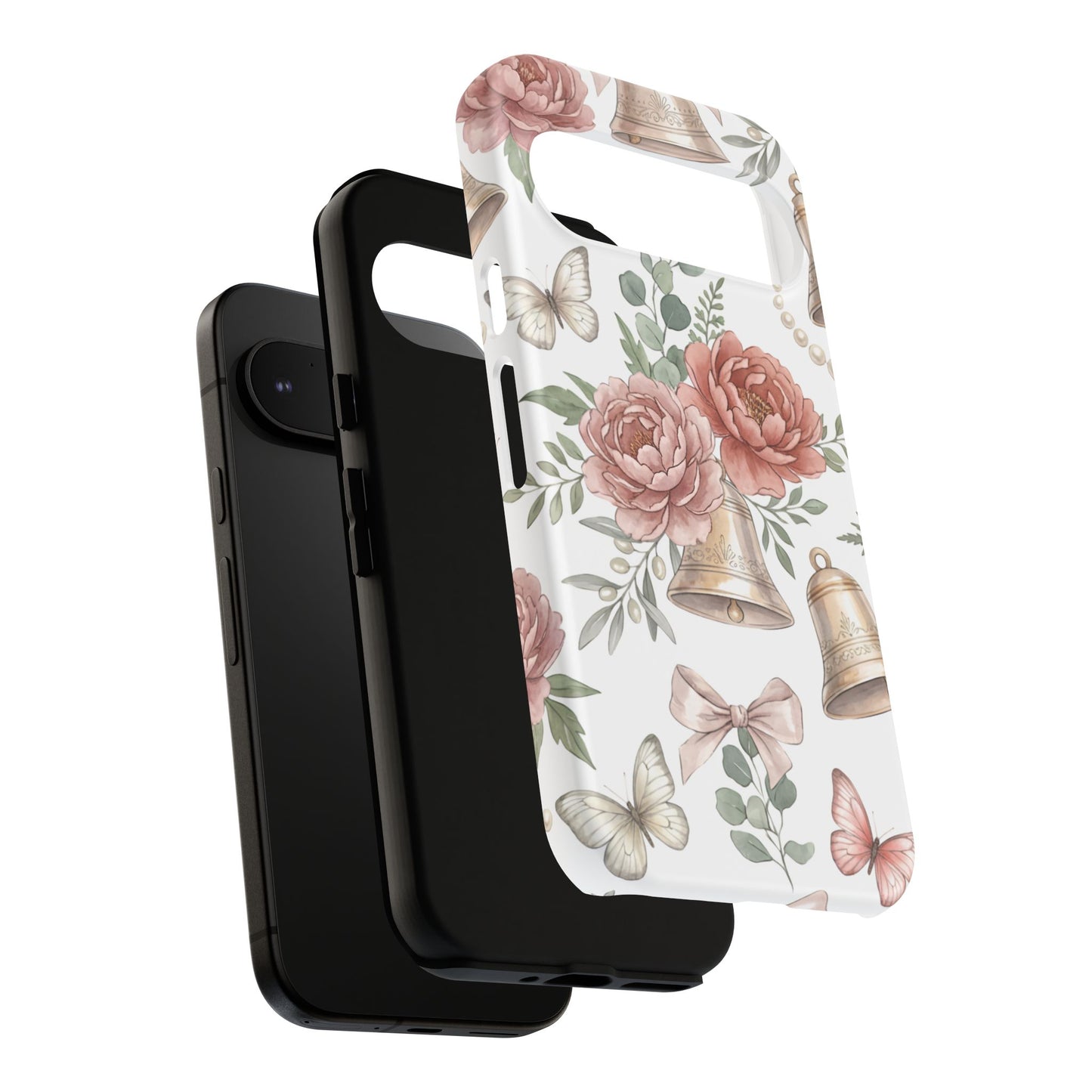 Floral Wedding Bells Phone Case — Vintage Roses, Butterflies & Bow Protective Tough Case