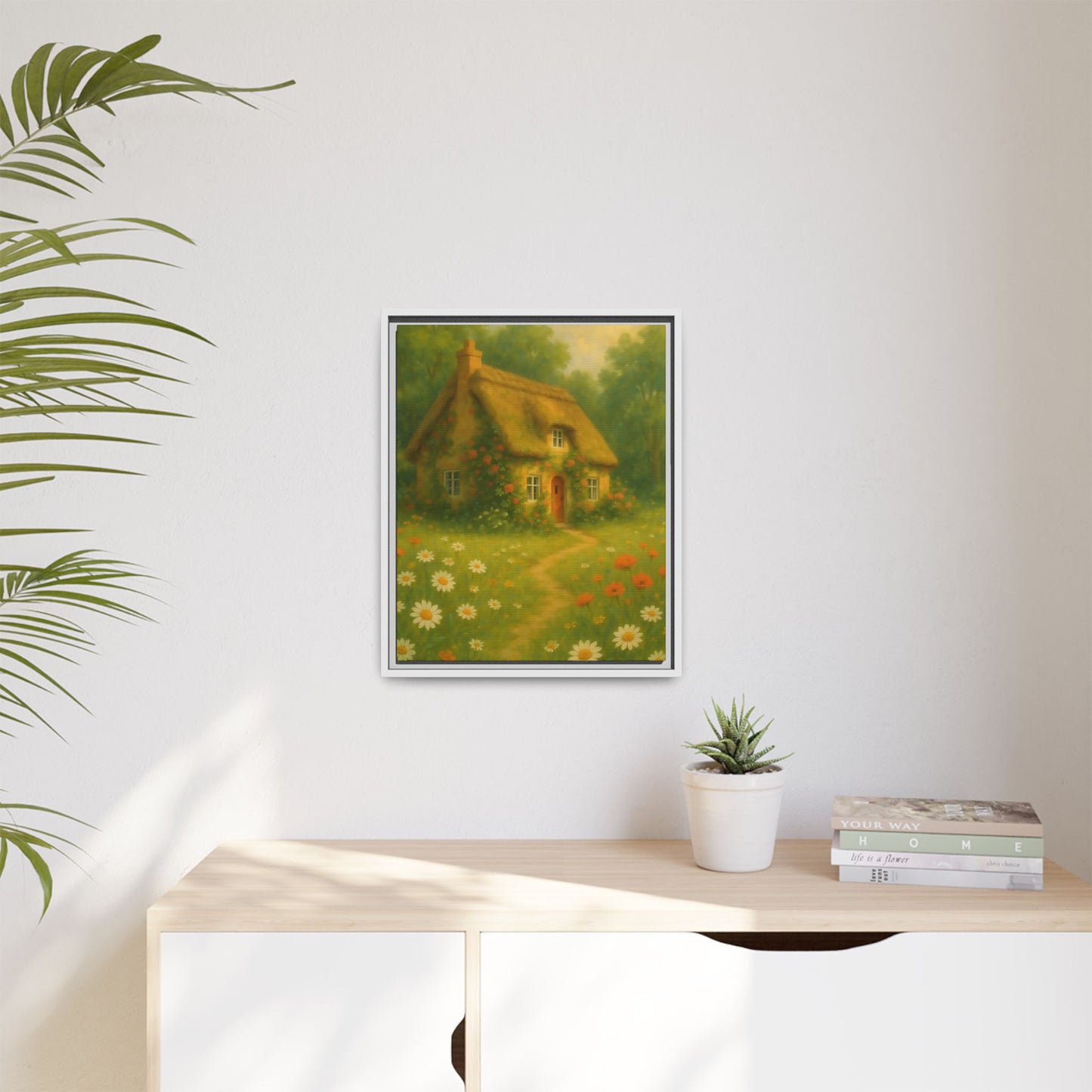 Cottage in Bloom – Framed Matte Canvas Art of Thatched Cottage & Wildflowers