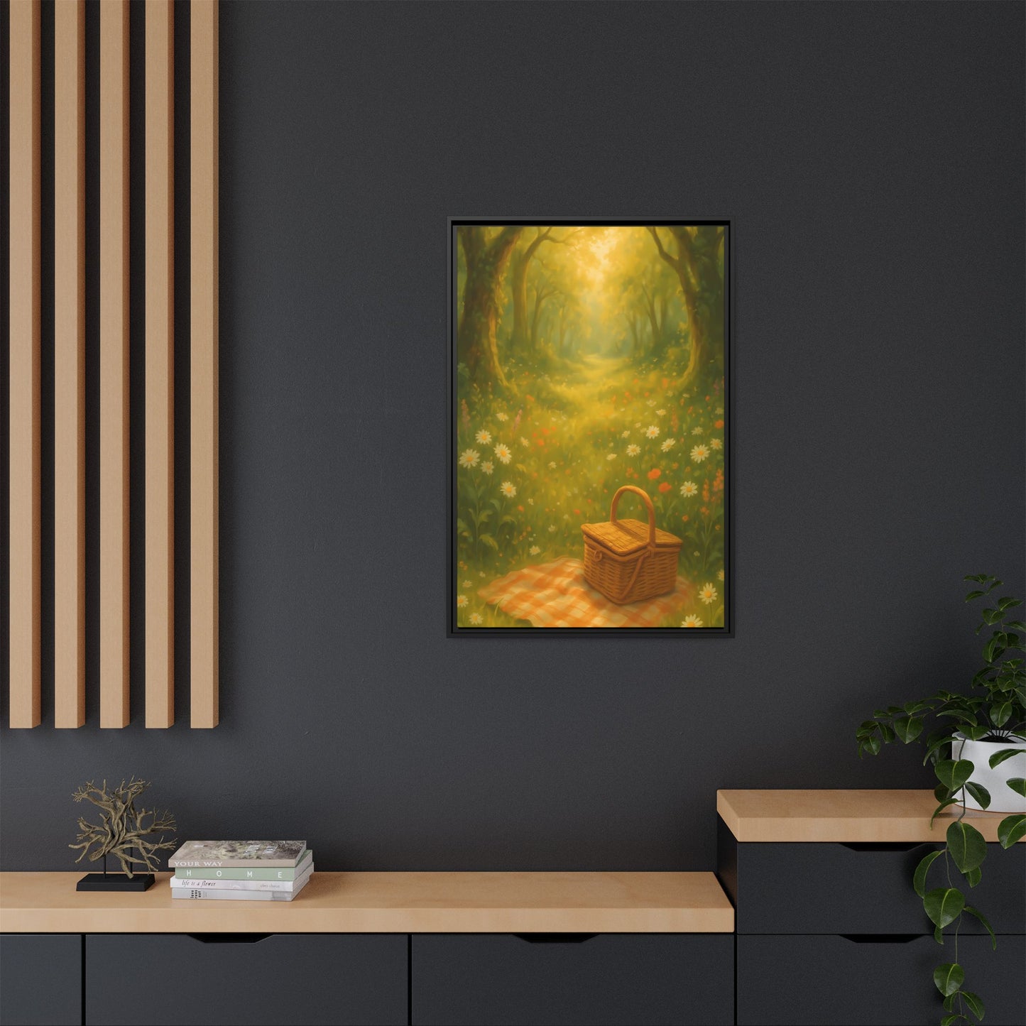 Golden Meadow Picnic Path – Framed Matte Canvas Wall Art