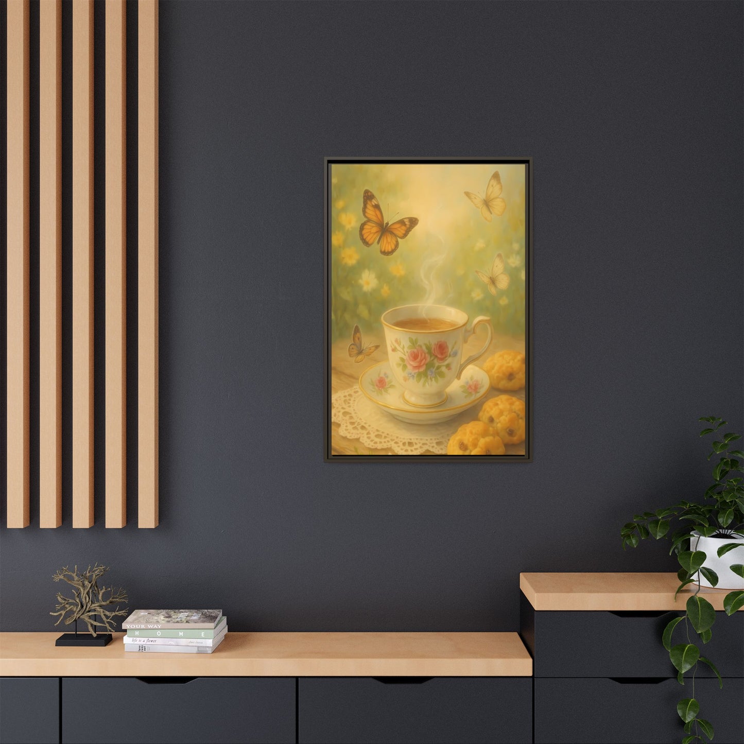 Tea & Butterflies – Framed Matte Canvas of Vintage Teacup and Garden Scene