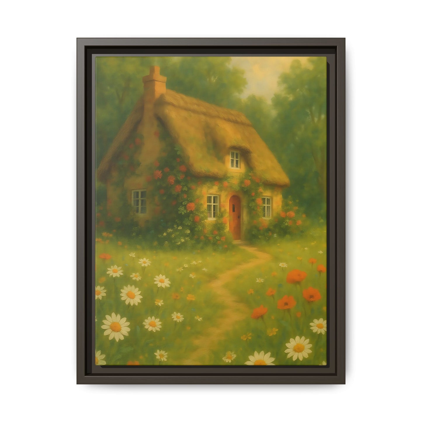 Cottage in Bloom – Framed Matte Canvas Art of Thatched Cottage & Wildflowers