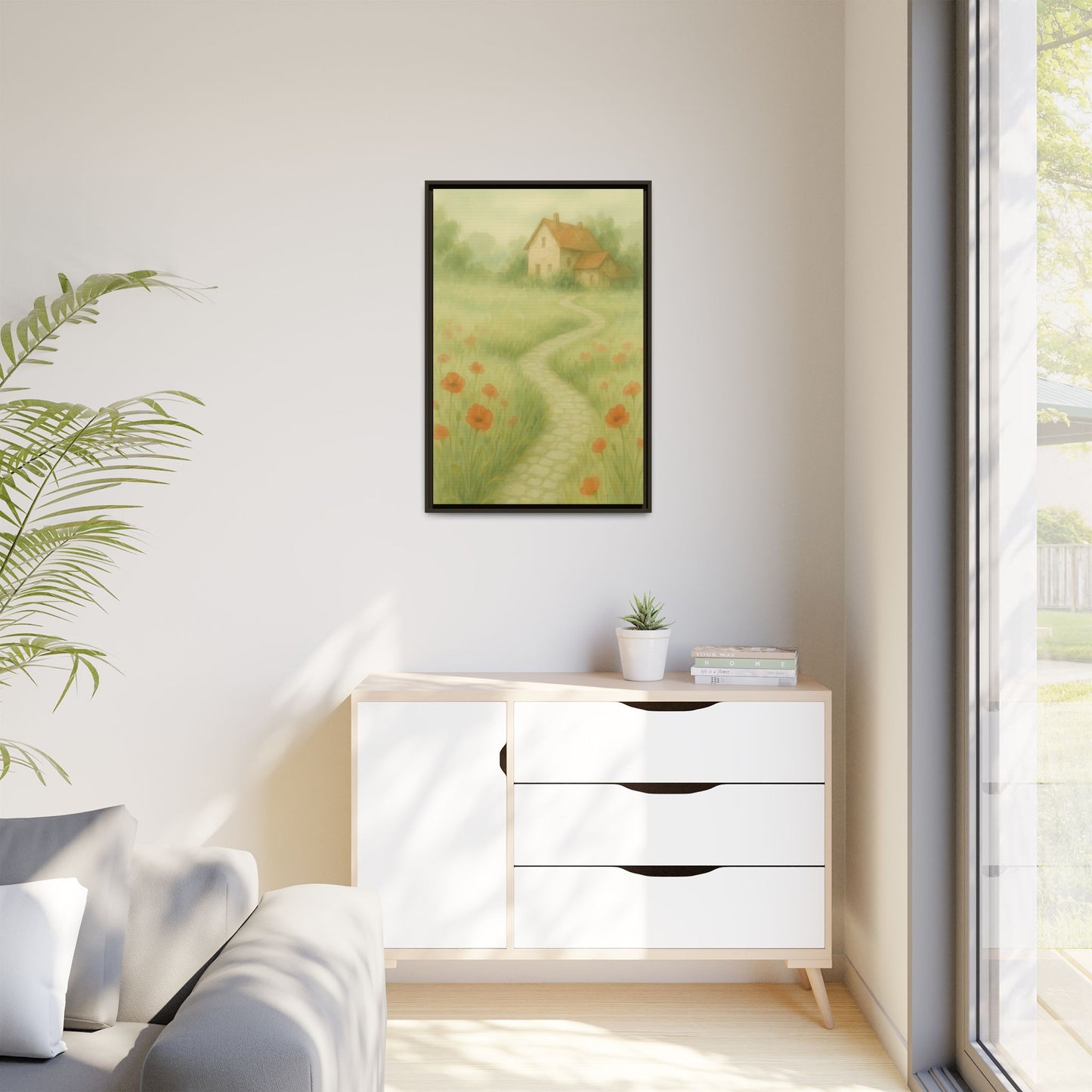 Poppy Path to Home – Framed Matte Canvas of Cottage & Flower Field Landscape