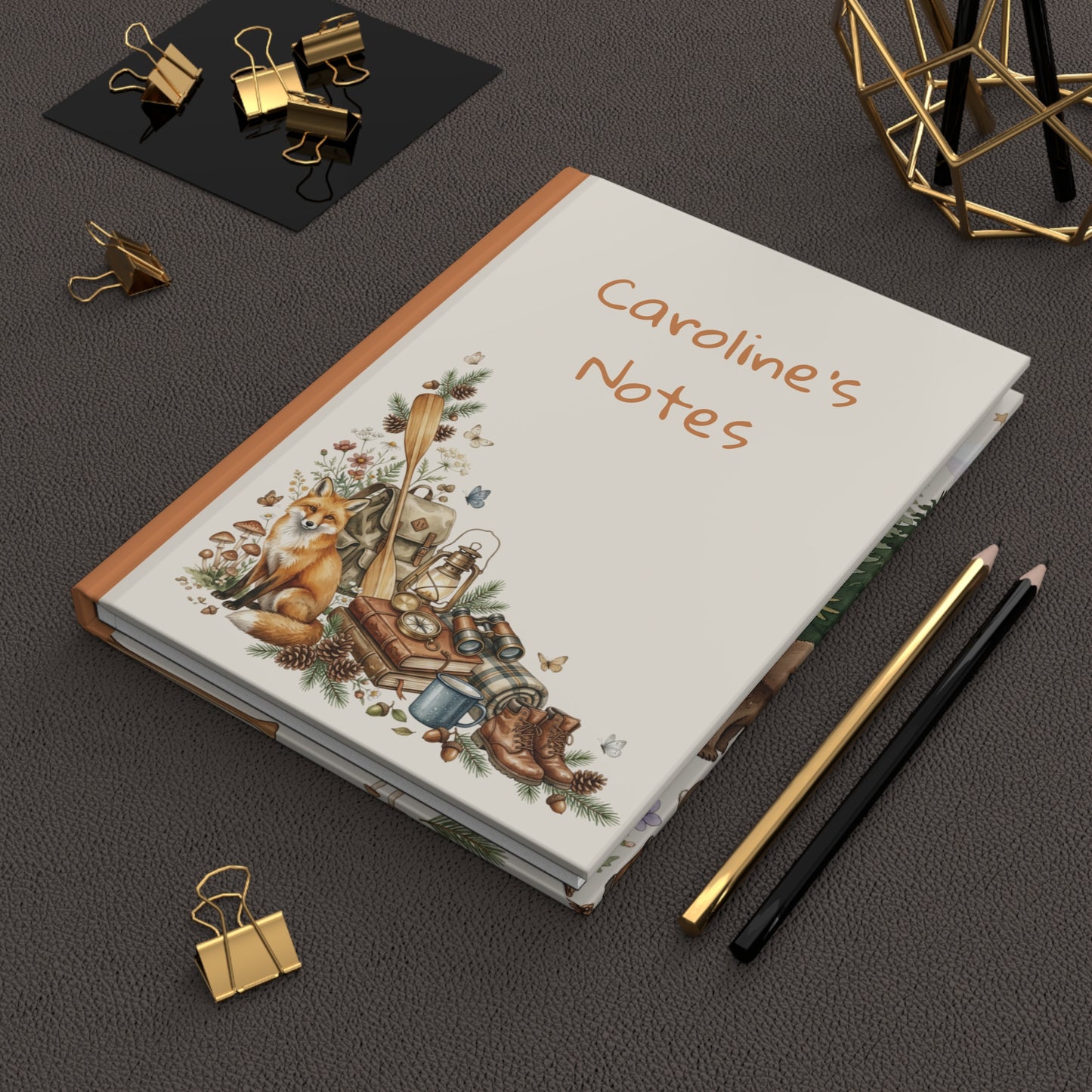 Camping Fox Hardcover Journal — Personalized ‘Caroline’s Notes’ Nature Notebook