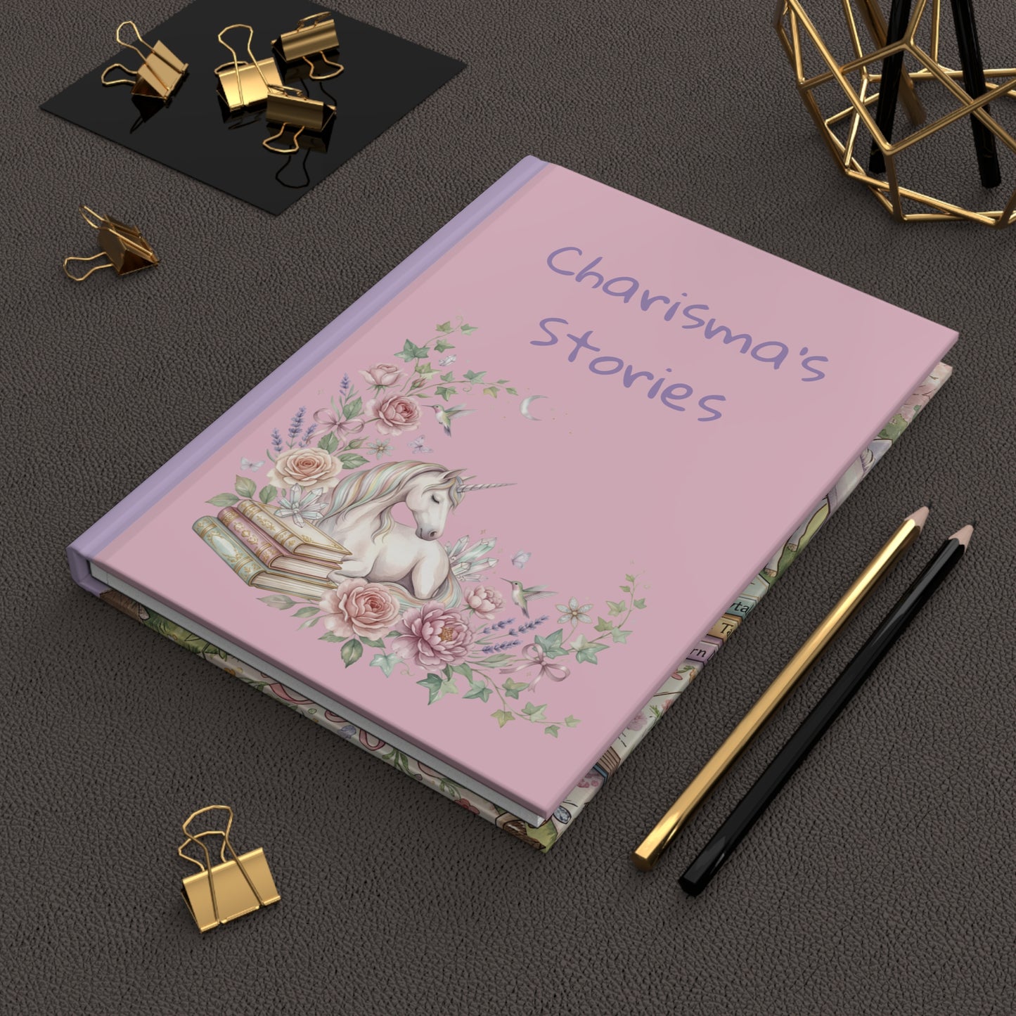 Personalizable Pink Unicorn Hardcover Journal — "Charisma’s Stories" Floral Fantasy Notebook for Kids & Writers