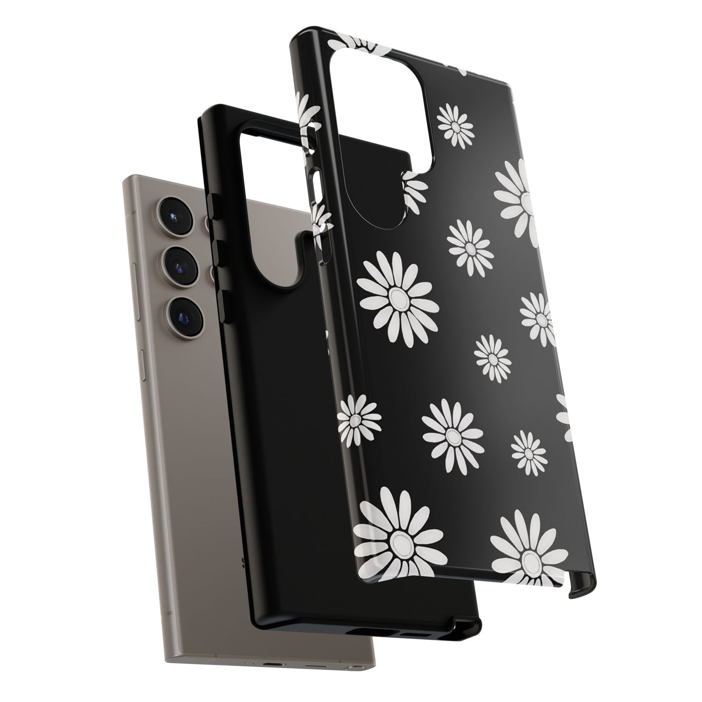 Retro Black & White Daisy Phone Case – Bold Floral Pattern with 3D Wrap Design