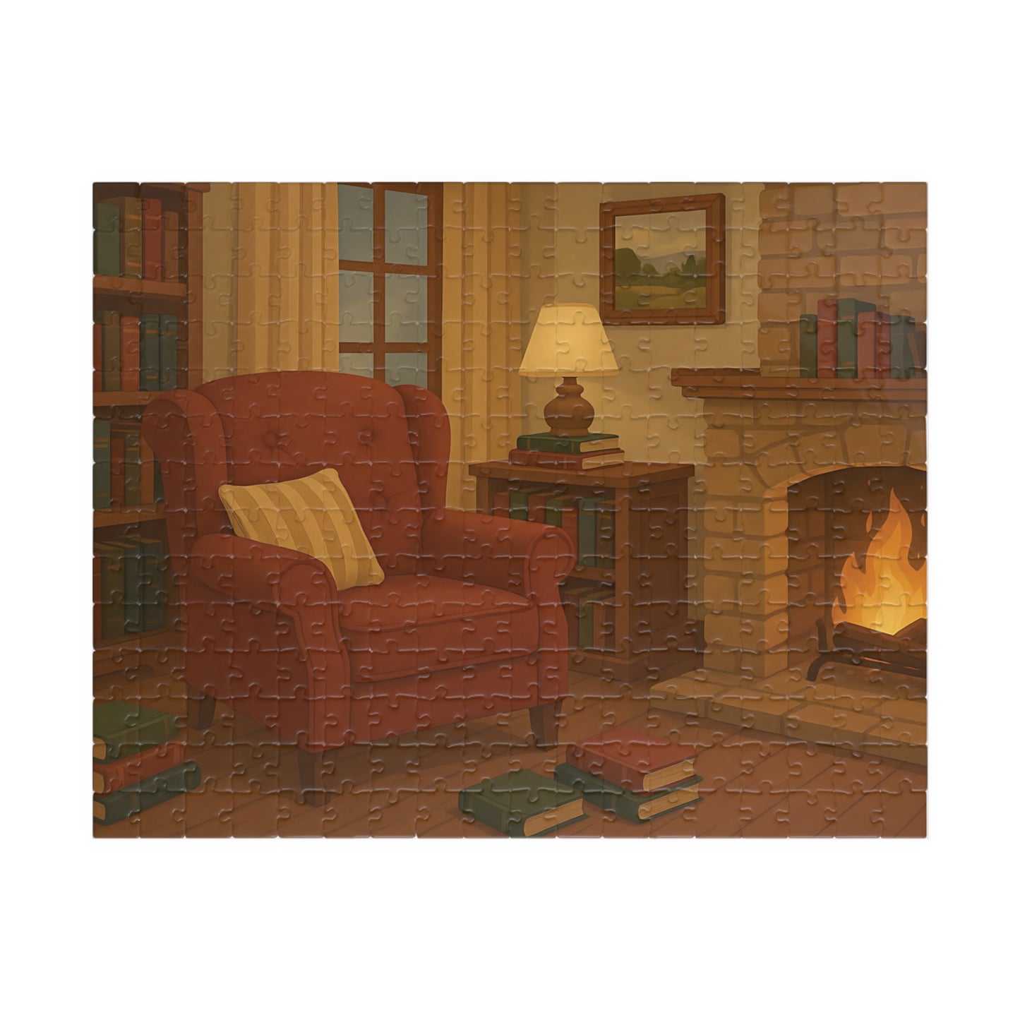 Cozy Reading Nook Jigsaw Puzzle – Fireplace & Armchair Scene