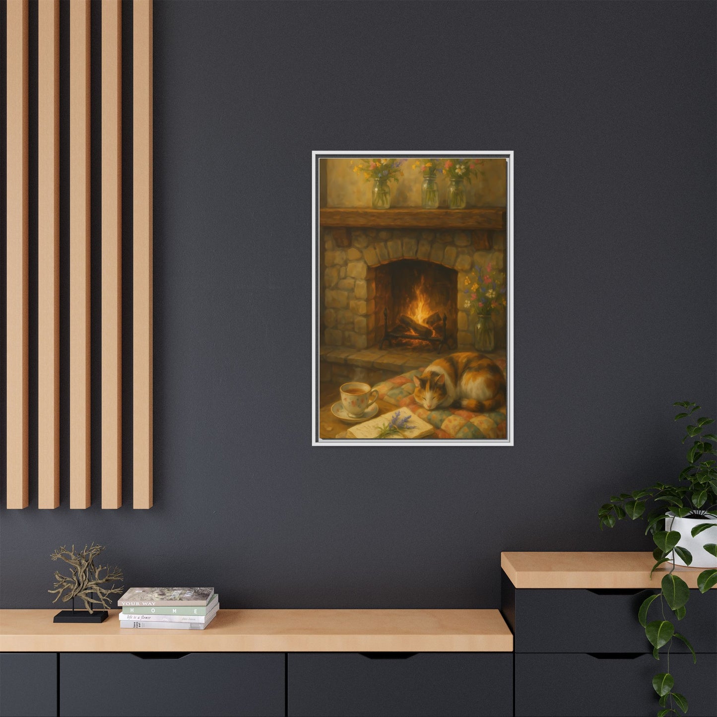 Hearthside Comfort – Framed Matte Canvas with Cat, Fireplace & Tea