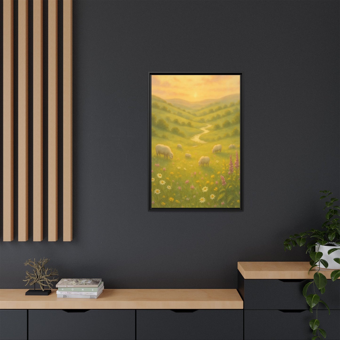 Golden Meadow Sunrise – Framed Matte Canvas Pastoral Landscape Art