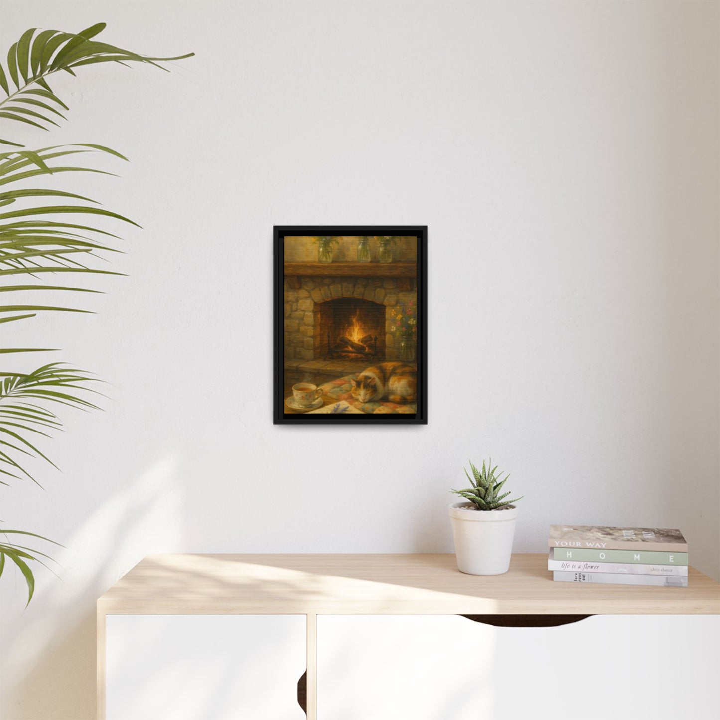Hearthside Comfort – Framed Matte Canvas with Cat, Fireplace & Tea