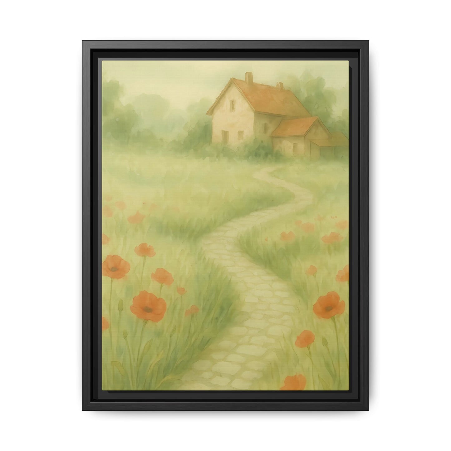 Poppy Path to Home – Framed Matte Canvas of Cottage & Flower Field Landscape