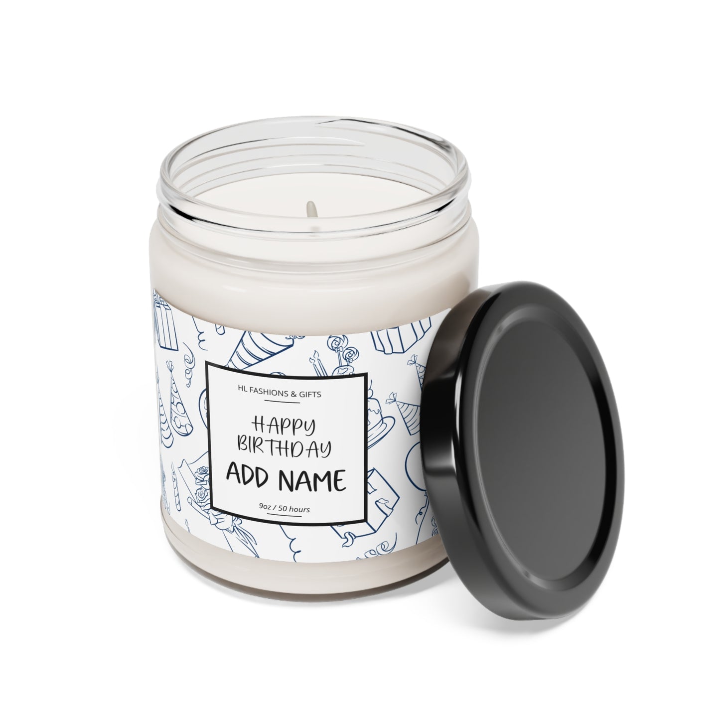 Custom Happy Birthday Soy Candle - Navy Blue Label