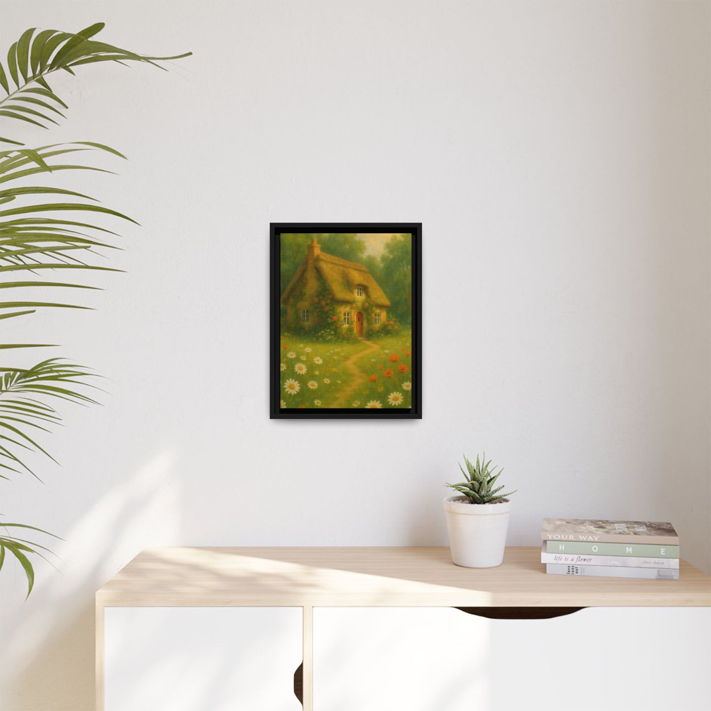Cottage in Bloom – Framed Matte Canvas Art of Thatched Cottage & Wildflowers