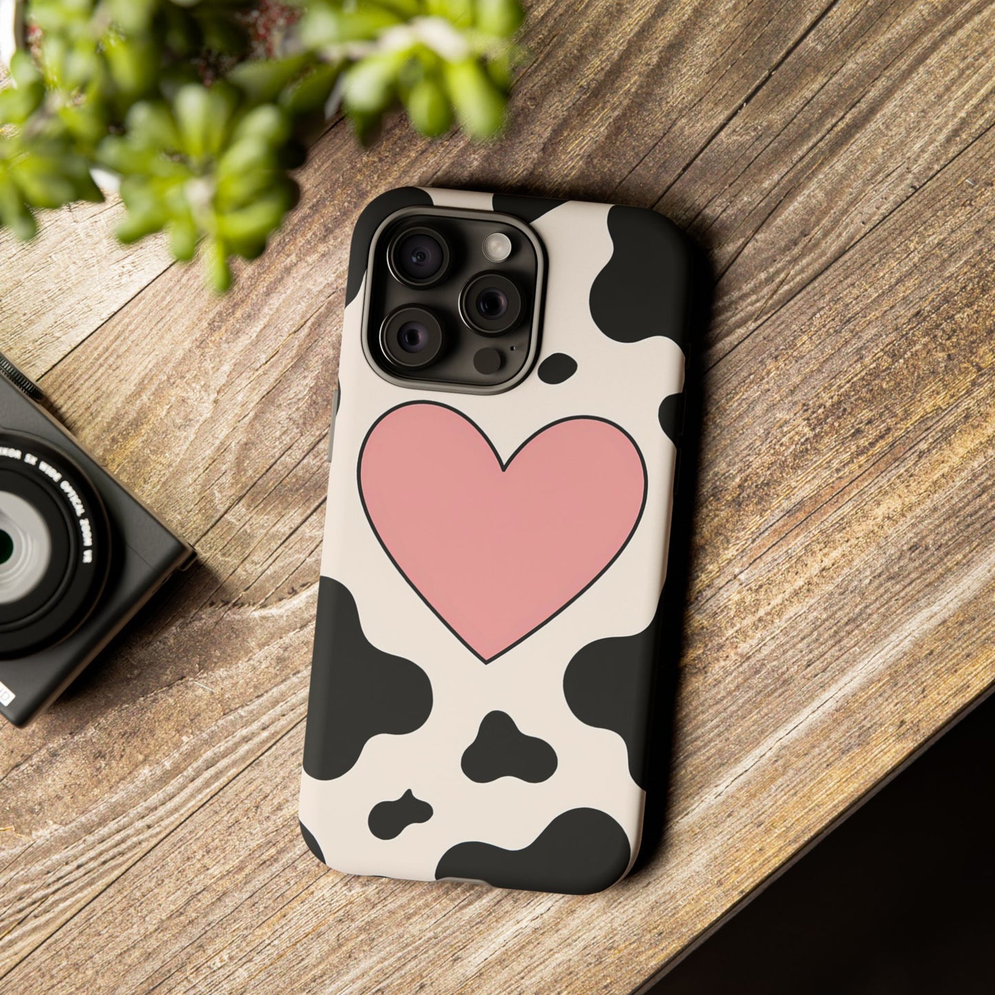 Cow Print Phone Case with Pink Heart – Bold & Cute Protective Cover