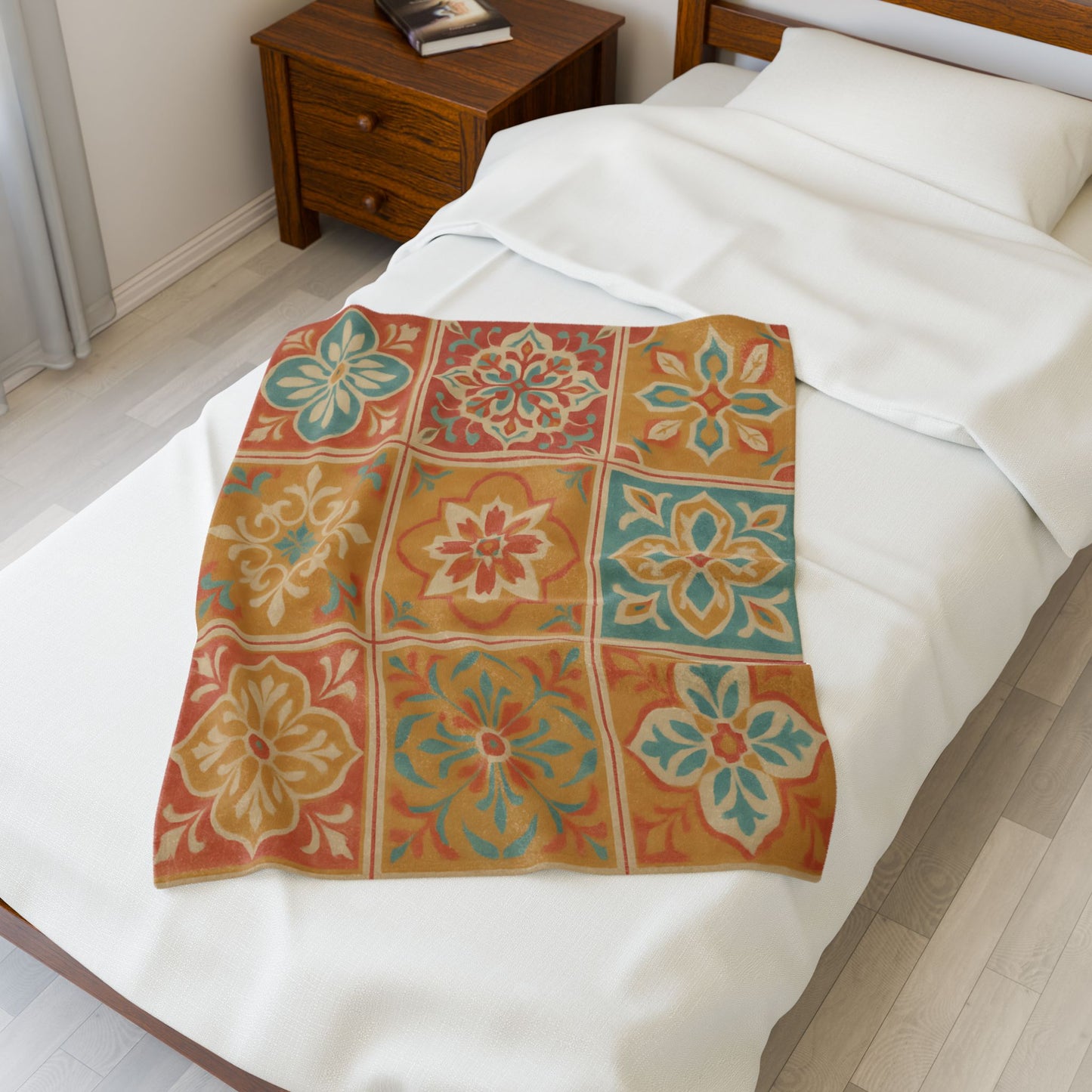 Spanish Tile Pattern Velveteen Plush Blanket – Warm Earth Tones