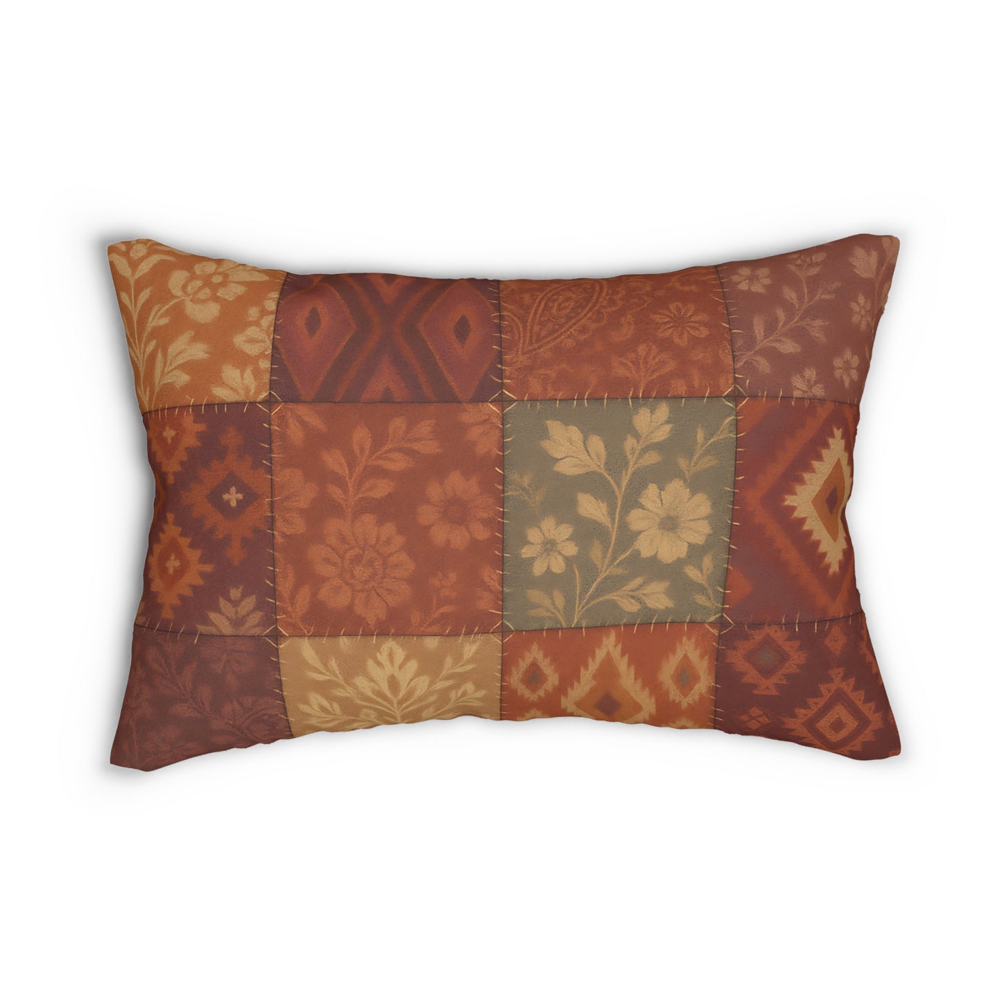 Rustic Patchwork Lumbar Throw Pillow – Boho Floral & Geometric Design