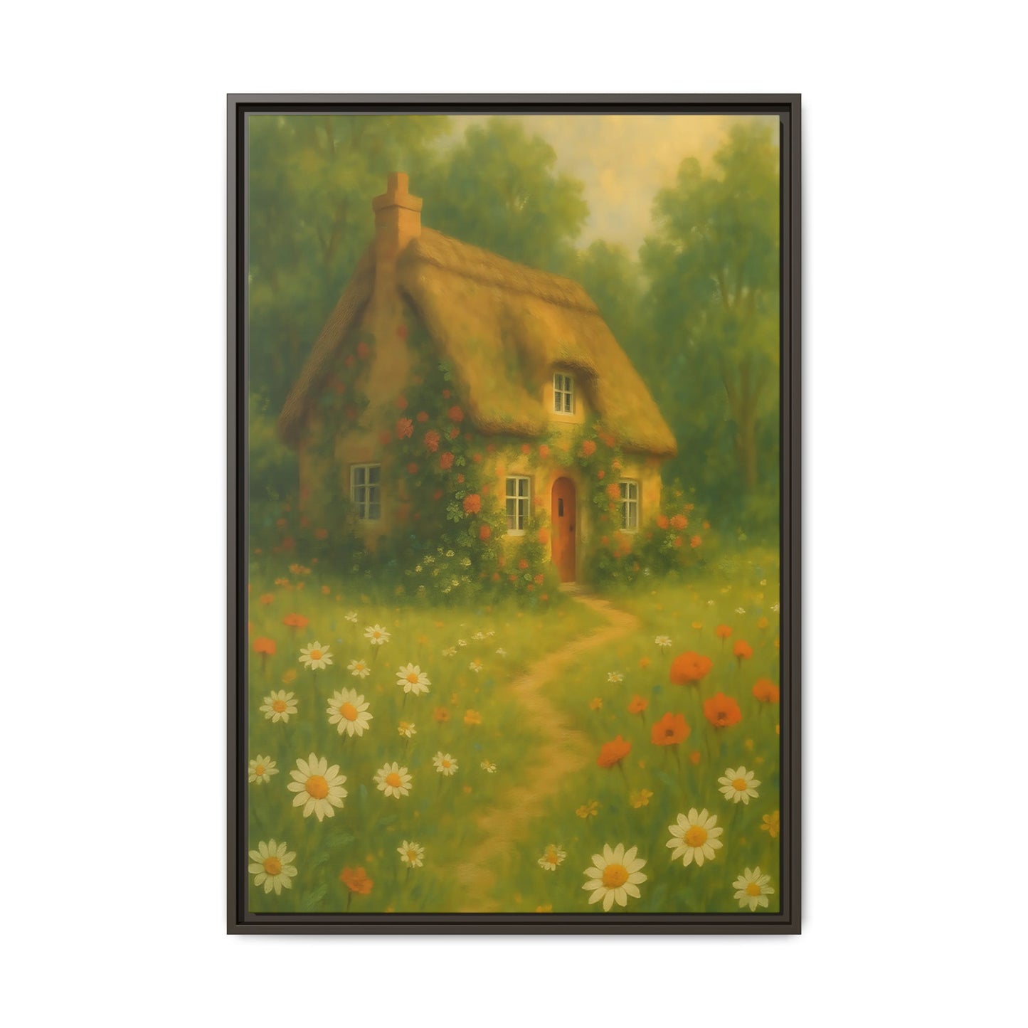 Cottage in Bloom – Framed Matte Canvas Art of Thatched Cottage & Wildflowers