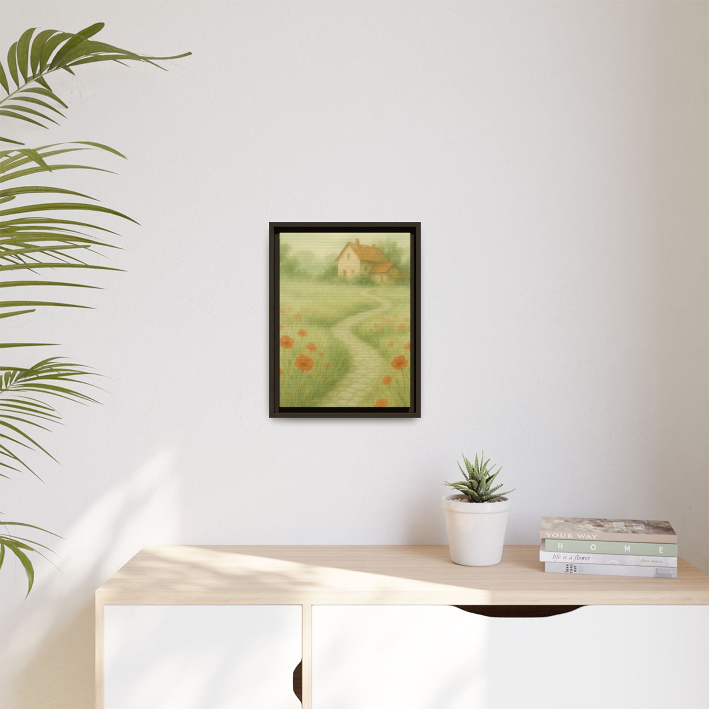 Poppy Path to Home – Framed Matte Canvas of Cottage & Flower Field Landscape