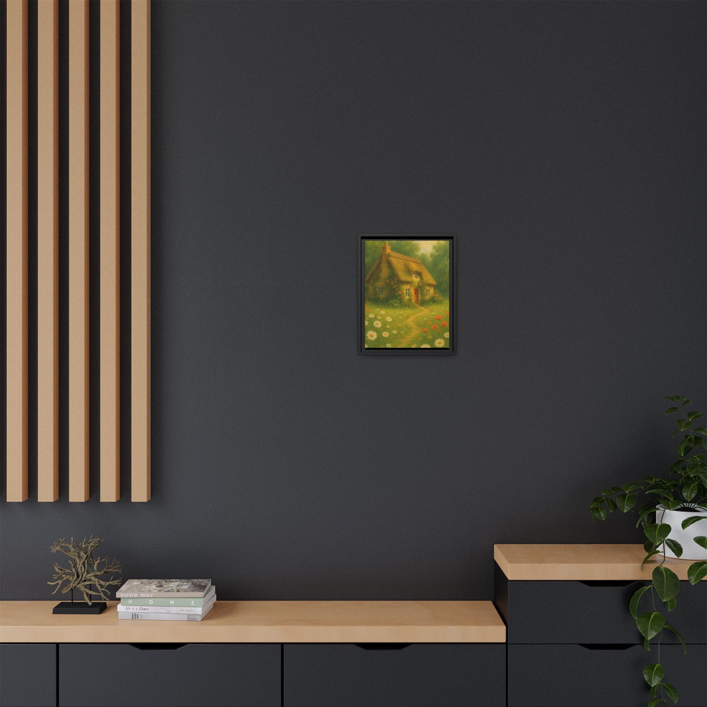 Cottage in Bloom – Framed Matte Canvas Art of Thatched Cottage & Wildflowers