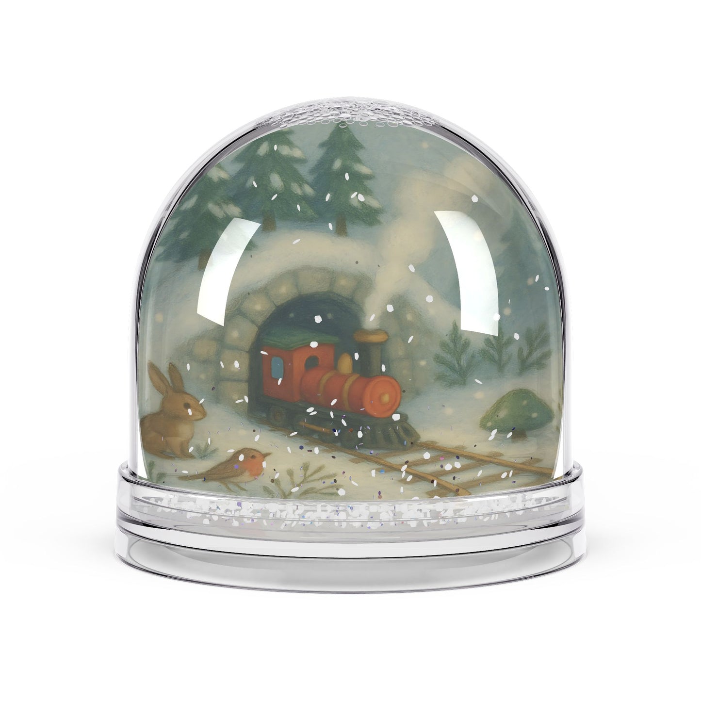 Whimsical Winter Train Snow Globe – Woodland Tunnel Scene with Forest Animals