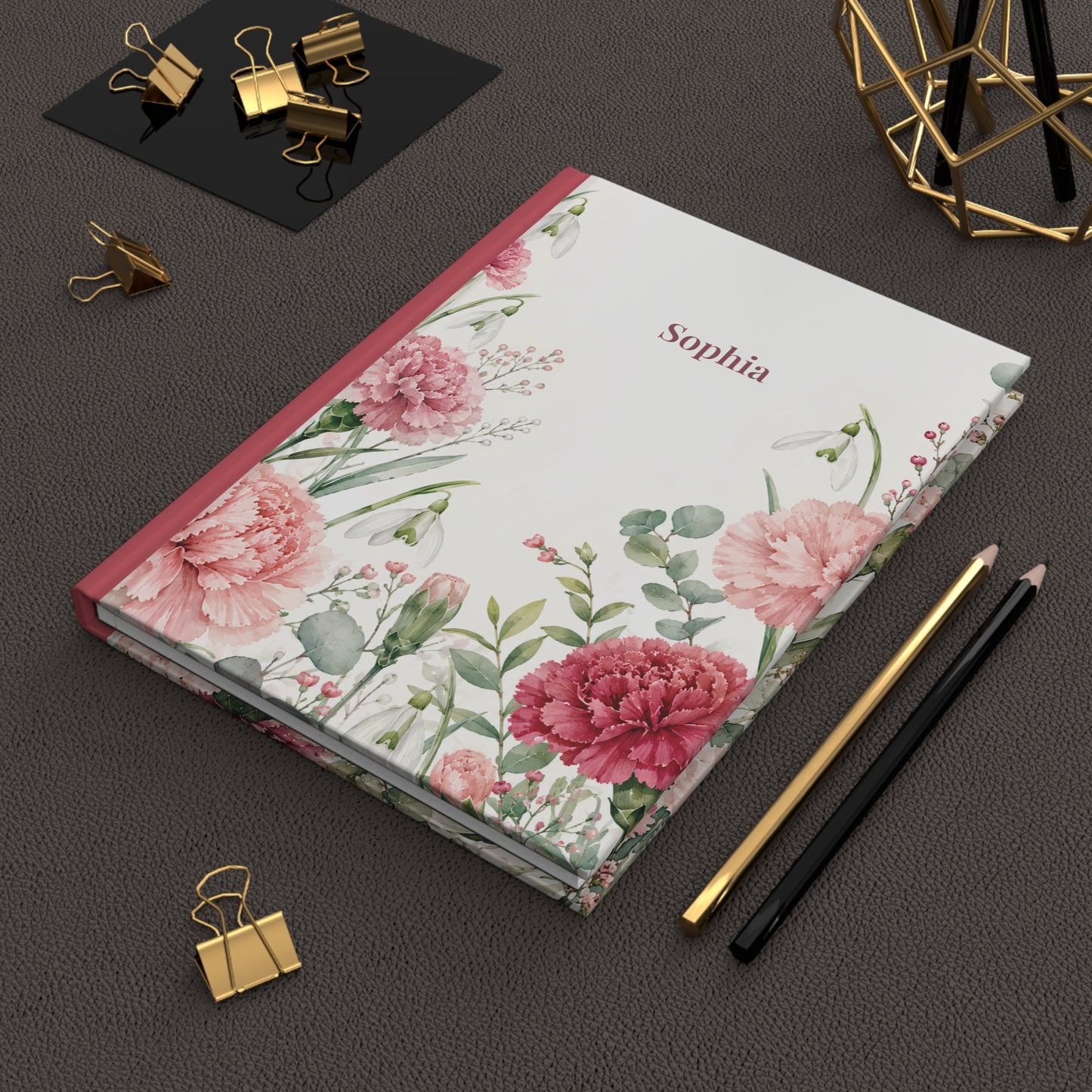 Personalized Floral Hardcover Journal — Pink Carnation Notebook with Name
