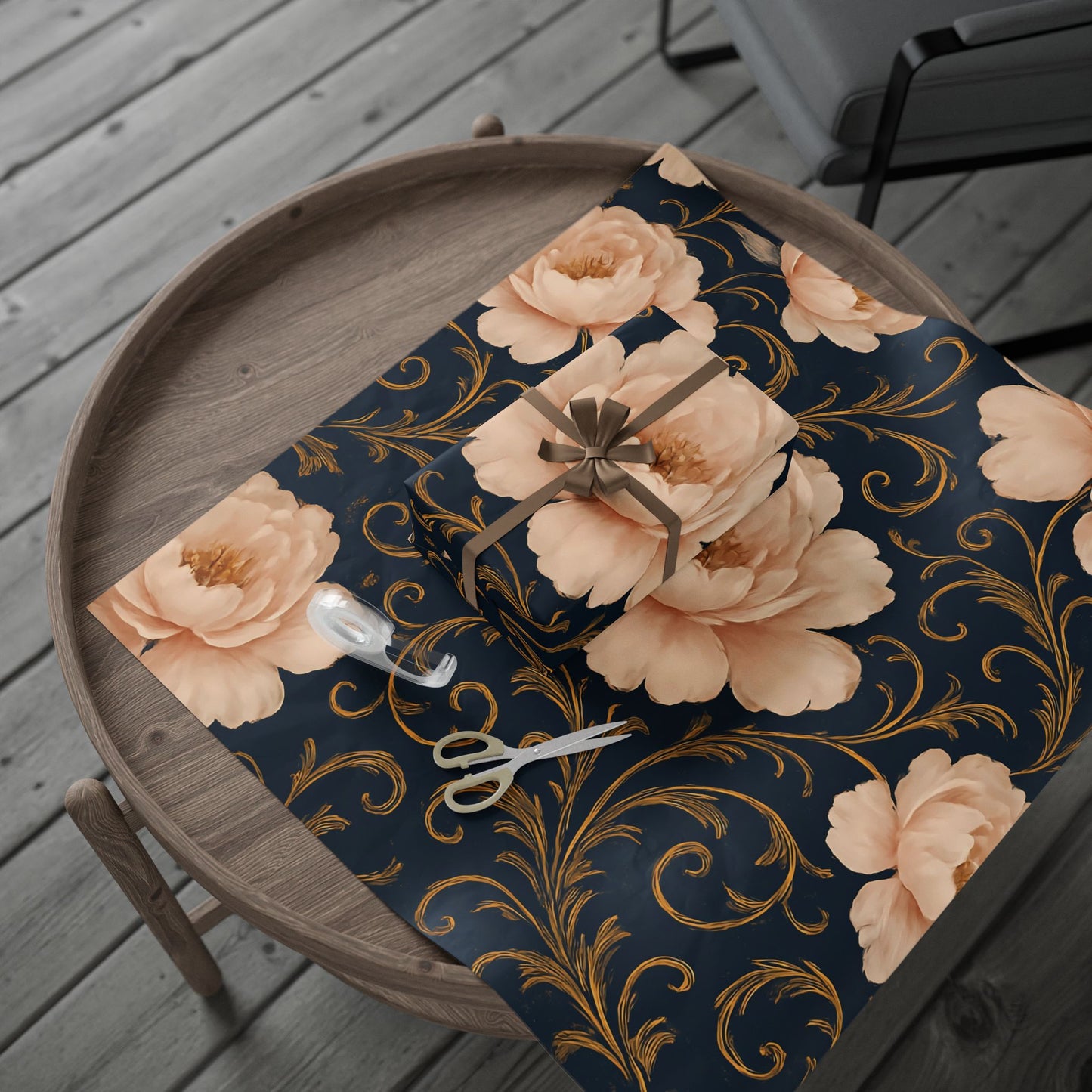 Blush Peony & Gold Scroll Wrapping Paper – Elegant Floral Gift Wrap in Glossy or Matte Finish
