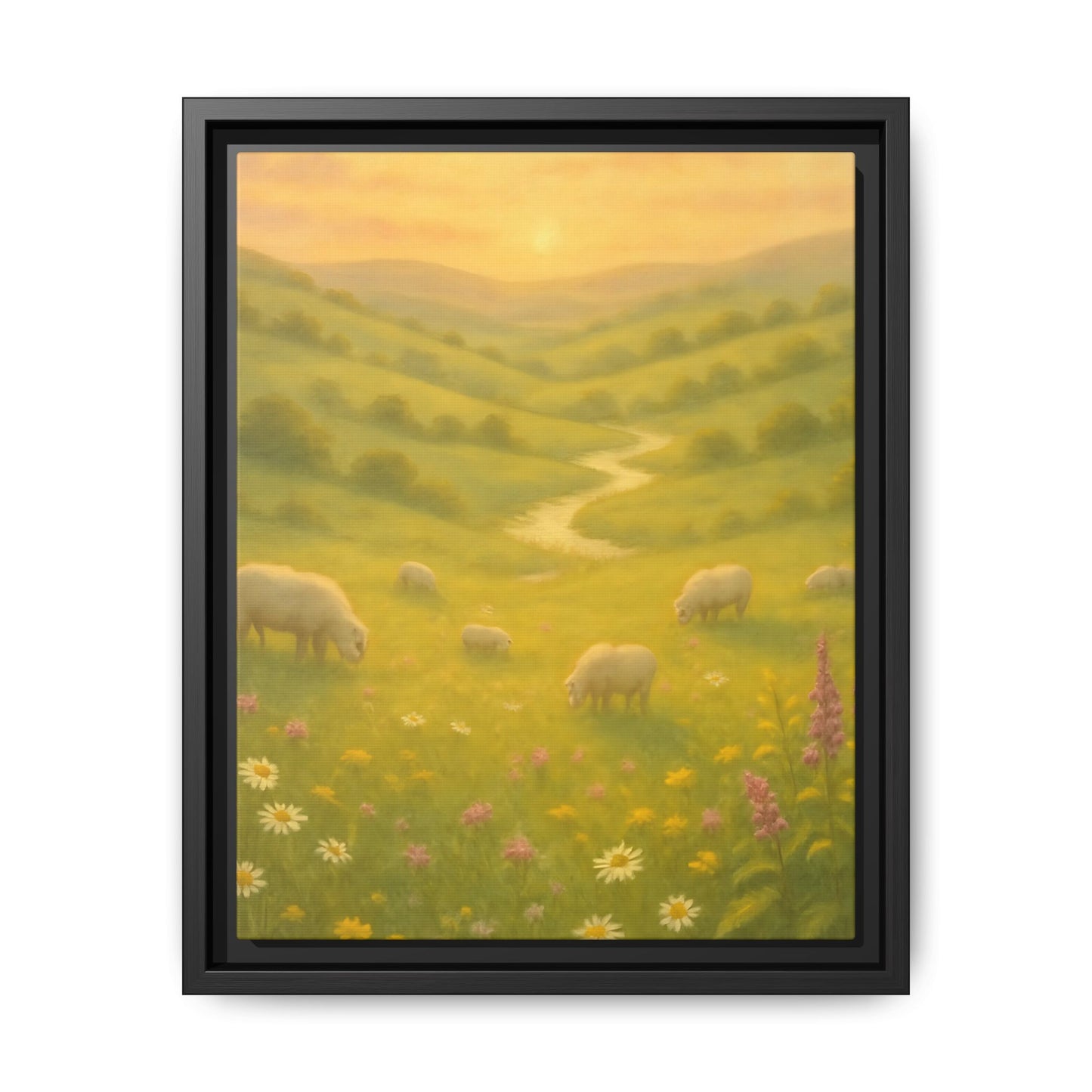 Golden Meadow Sunrise – Framed Matte Canvas Pastoral Landscape Art