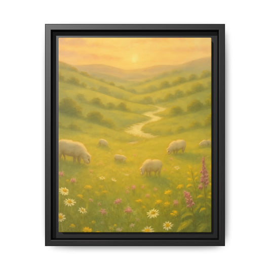 Golden Meadow Sunrise – Framed Matte Canvas Pastoral Landscape Art