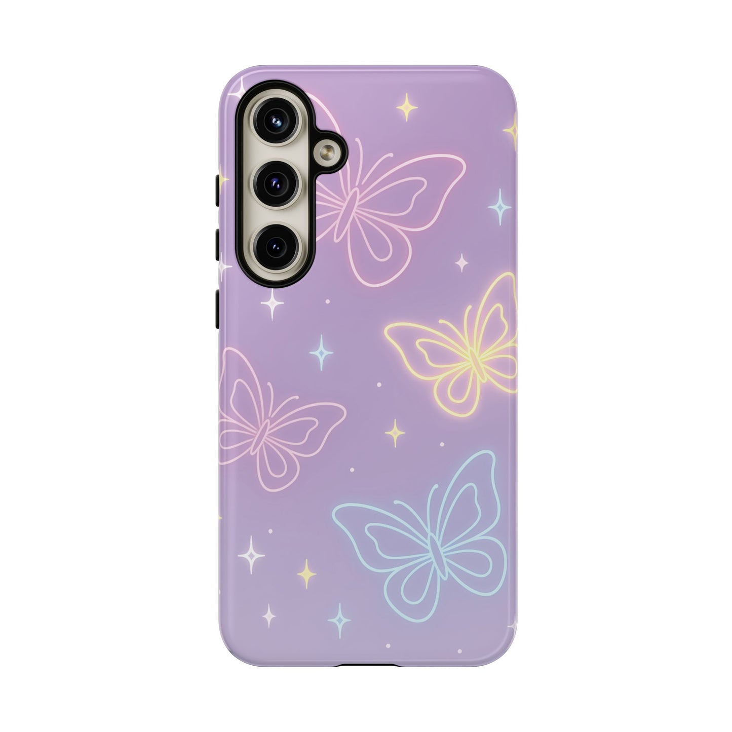 Pastel Butterfly Dream Phone Case – Purple Neon Glow with Stars
