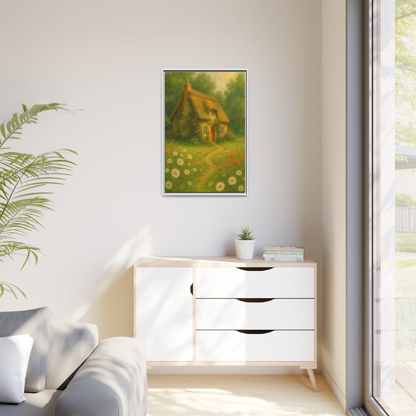 Cottage in Bloom – Framed Matte Canvas Art of Thatched Cottage & Wildflowers