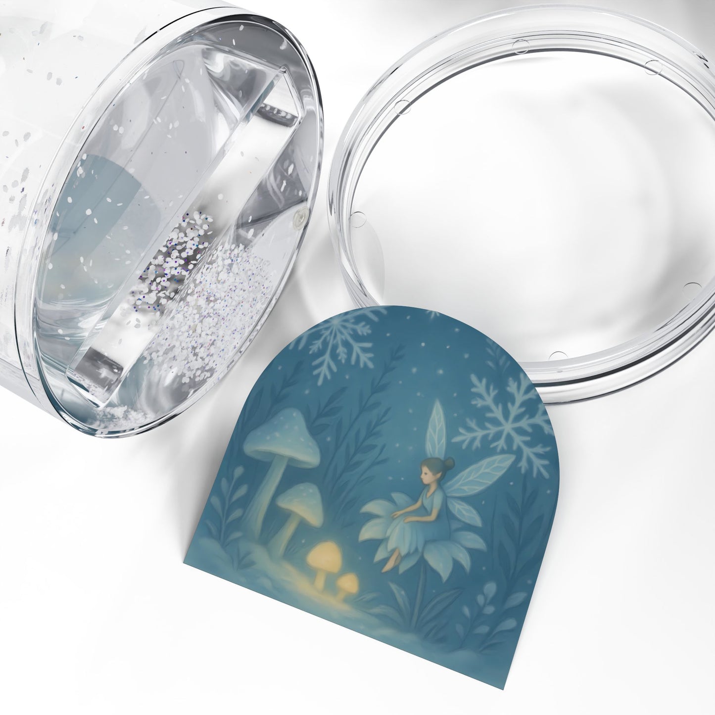 Enchanted Winter Fairy Snow Globe – Magical Forest Scene with Mushrooms & Sparkle