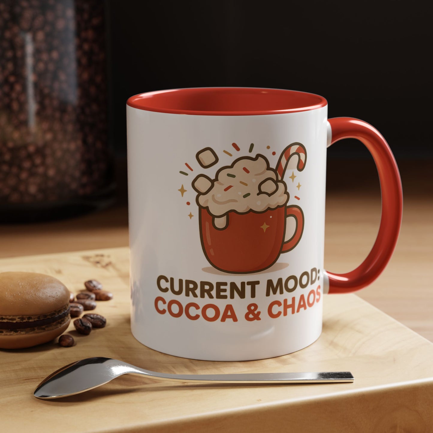Current Mood: Cocoa & Chaos Holiday Mug – Festive Hot Cocoa Coffee Cup, 11oz & 15oz Ceramic