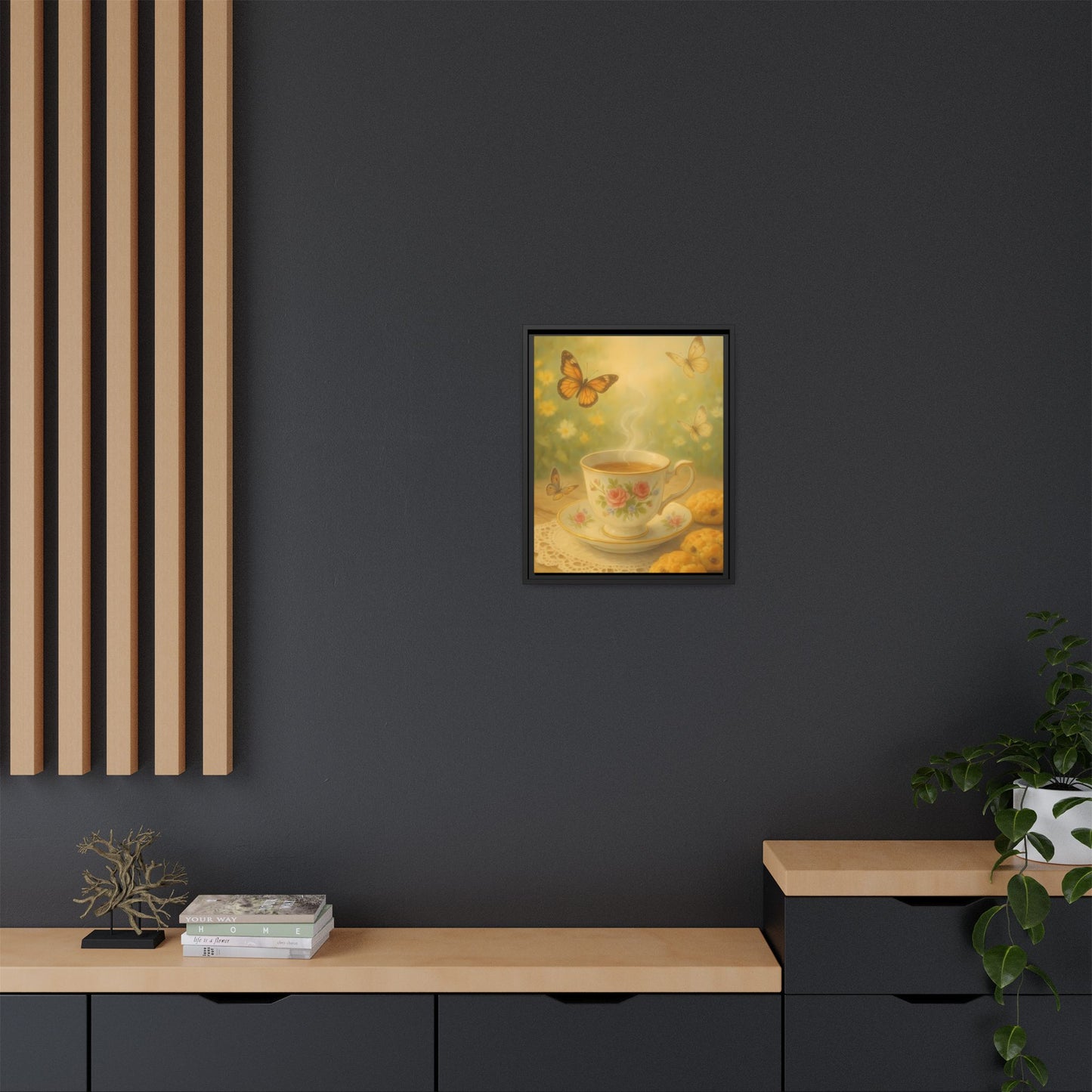 Tea & Butterflies – Framed Matte Canvas of Vintage Teacup and Garden Scene