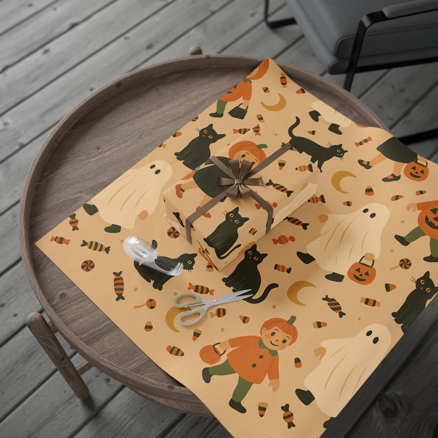 Vintage Halloween Wrapping Paper – Cute Ghosts, Witches, and Black Cats on Parchment Background