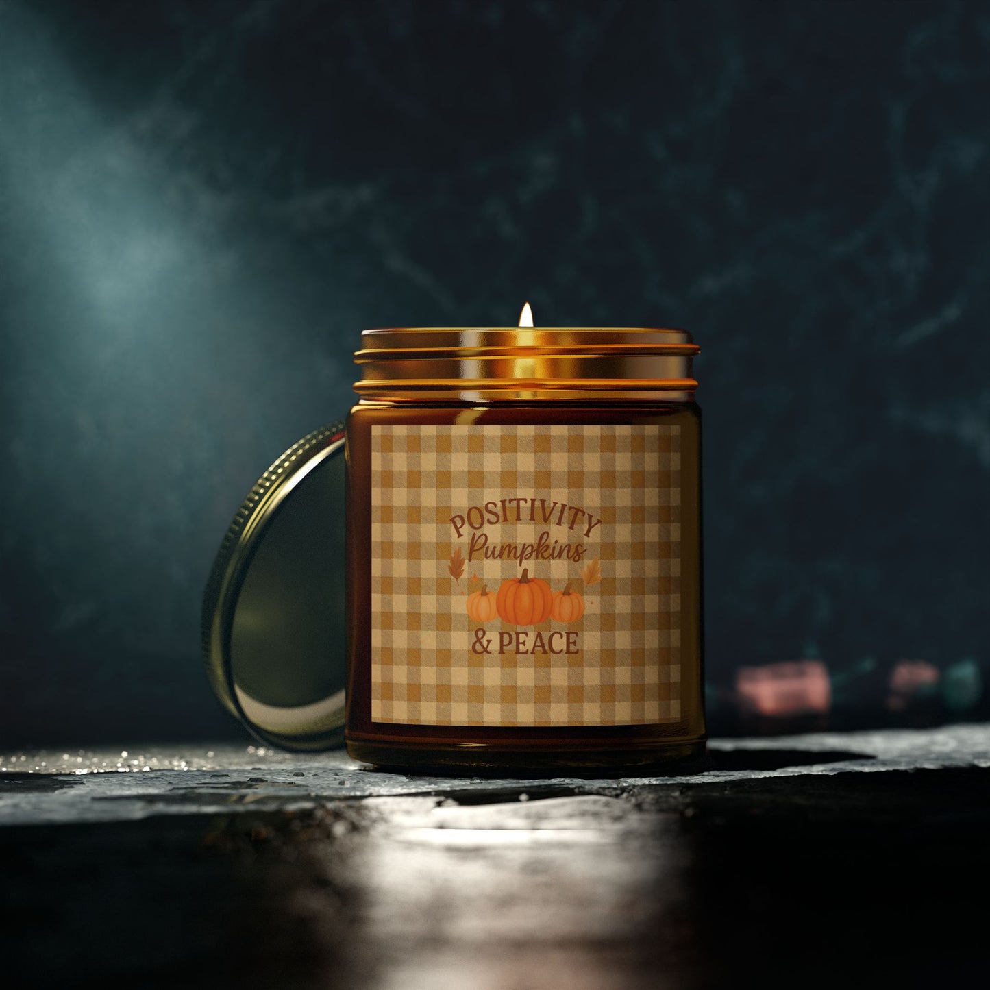Positivity Pumpkins & Peace Candle - Fall Scented Coconut Apricot Wax Candle in Gingham Jar, Eco-Friendly Autumn Gift, 4oz or 9oz