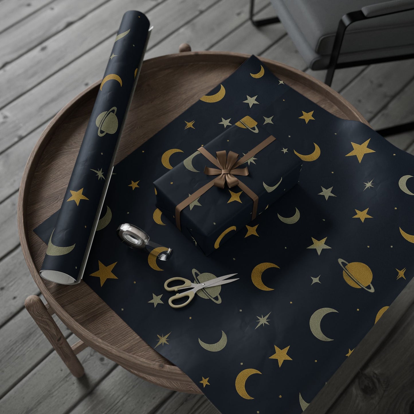 Celestial Night Sky Wrapping Paper – Moons, Stars & Planets on Midnight Blue