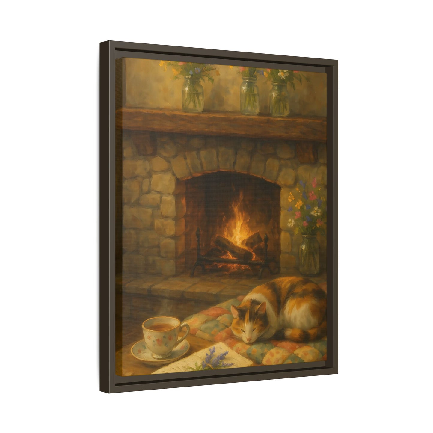 Hearthside Comfort – Framed Matte Canvas with Cat, Fireplace & Tea