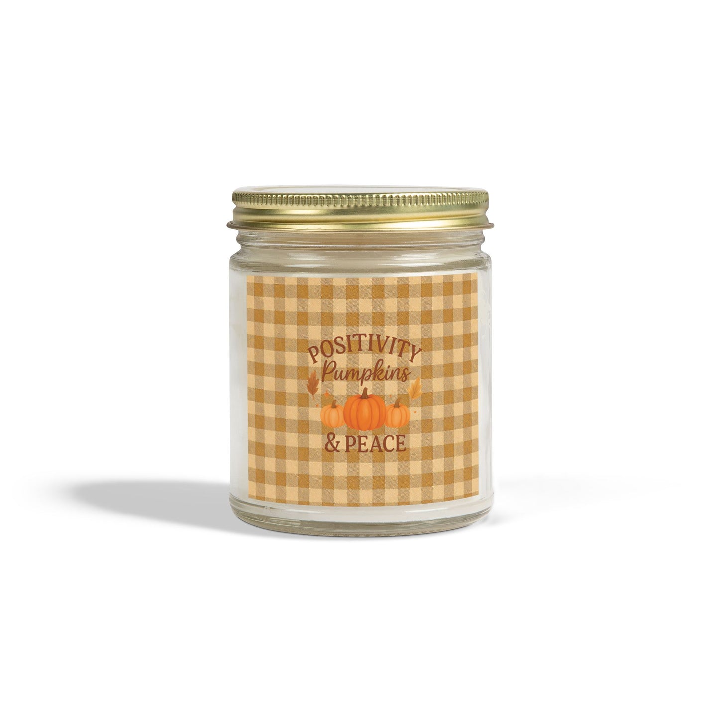 Positivity Pumpkins & Peace Candle - Fall Scented Coconut Apricot Wax Candle in Gingham Jar, Eco-Friendly Autumn Gift, 4oz or 9oz