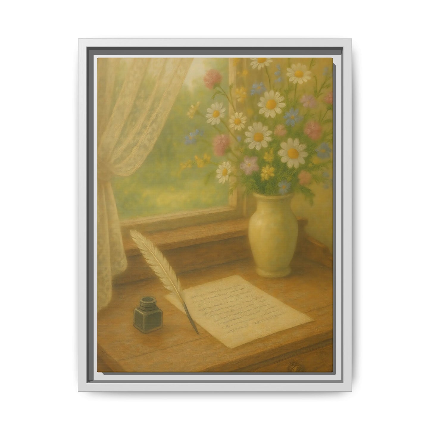 Sunlit Writing Desk – Framed Matte Canvas Art of Quill, Flowers & Lace Window