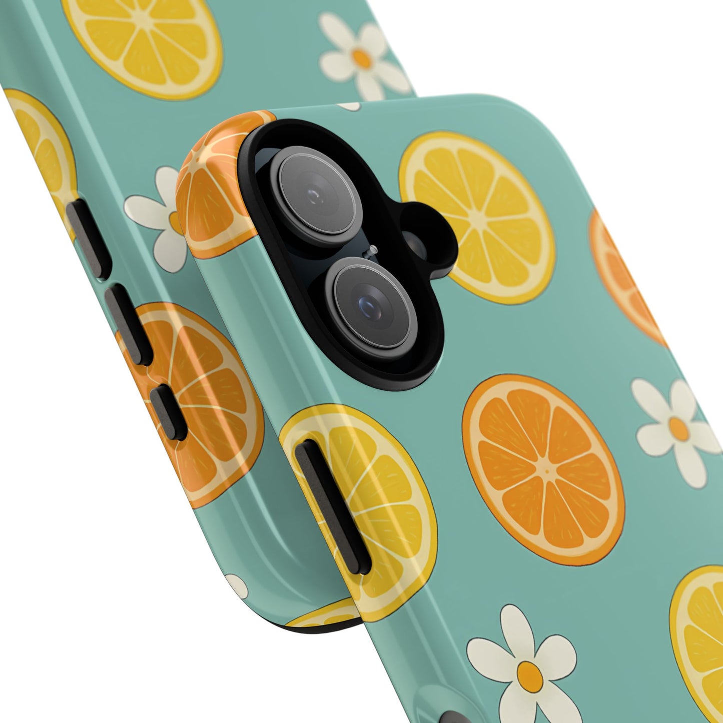 Citrus Bloom Phone Case – Orange, Lemon & Daisy Pattern on Teal